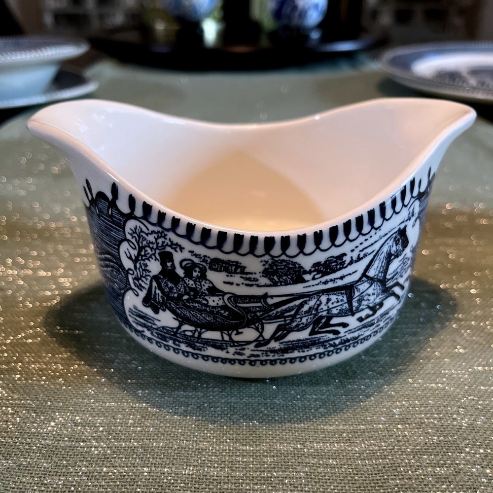 Vintage Royal China Currier and Ives the Old Grist Mill Blue Gravy Boat